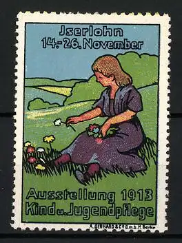 Reklamemarke Iserlohn, Ausstellung 1913 Kind- und Jugendpflege, Mädchen auf Wiese