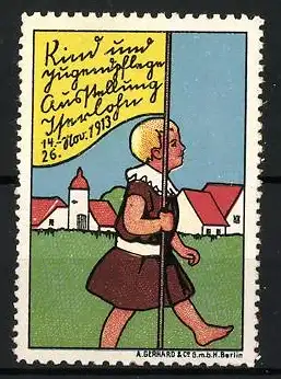 Reklamemarke Iserlohn, Kind - und Jugendpflege-Ausstellung 1913, Junge mit Fahne