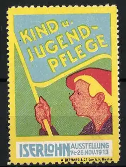 Reklamemarke Iserlohn, Kind u. Jugendpflege, Kind mit Fahne, 1913