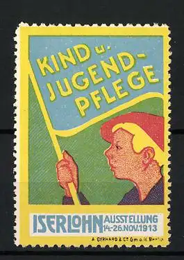 Reklamemarke Iserlohn, Kind- und Jugendpflege Ausstellung, Kind mit Fahne, 1913