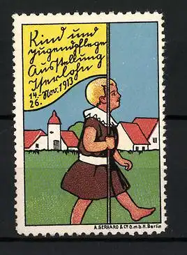 Reklamemarke Iserlohn, Kind und Jugendpflege Ausstellung 1913, Kind mit Fahne