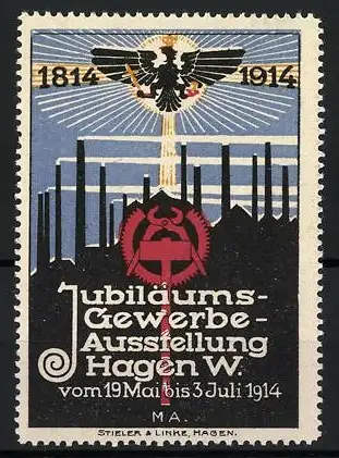 Reklamemarke Hagen, Jubiläums-Gewerbe-Ausstellung 1914, Adler und Fabriken