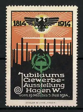 Reklamemarke Hagen, Jubiläums-Gewerbe-Ausstellung 1914, Adler und Industrie-Silhouette