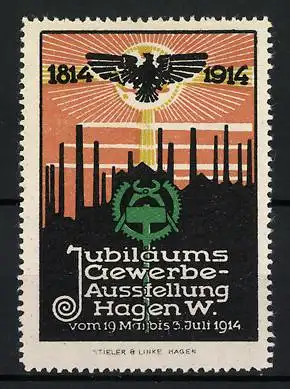 Reklamemarke Hagen, Jubiläums-Gewerbe-Ausstellung 1914, Adler und Industrieanlagen