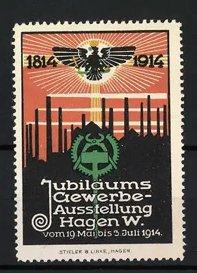 Reklamemarke Hagen, Jubiläums-Gewerbe-Ausstellung 1914, Adler und Industrie-Silhouette