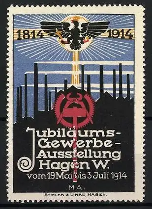 Reklamemarke Hagen, Jubiläums-Gewerbe-Ausstellung 1914, Adler und Zahnrad