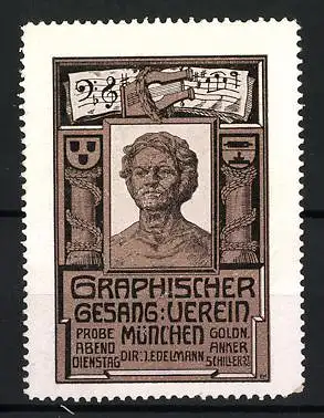 Reklamemarke München, Graphischer Gesangverein, Büste und Notenblatt