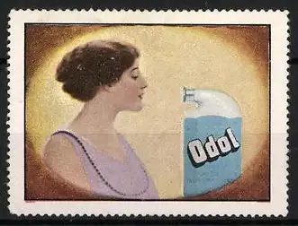 Reklamemarke Odol Mundwasser, Frau mit Flasche