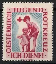 Reklamemarke Oesterreich, Jugend Rotkreuz Ich diene!, rotes Kreuz mit Kindern