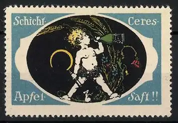 Reklamemarke Schicht Ceres Apfelsaft, Kind mit Flasche und Sichel