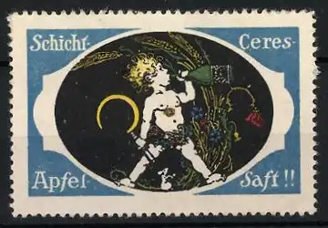 Reklamemarke Schicht Ceres Apfel-Saft, trinkender Putto mit Sichel und Flasche