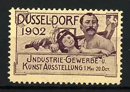 Reklamemarke Düsseldorf, Industrie-Gewerbe- und Kunstausstellung 1902, Mann und Frau mit Schildern