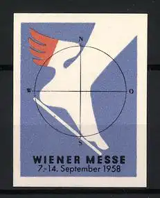 Reklamemarke Wien, Wiener Messe 1958, geflügeltesr RadMerkur-Fuss mit Kompassrose