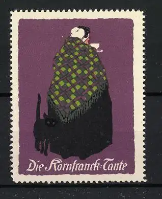 Künstler-Reklamemarke Ludwig Hohlwein, Die Kornfranck-Tante, Frau mit Katze und Decke trinkt Kaffee