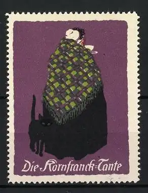 Künstler-Reklamemarke Ludwig Hohlwein, Die Kornfranck-Tante, Frau mit Katze und Decke trinkt Kaffee