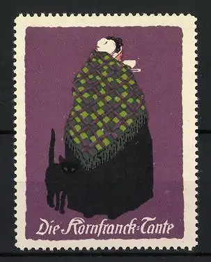 Künstler-Reklamemarke Ludwig Hohlwein, Die Kornfranck-Tante, Frau mit Katze und Decke trinkt Kaffee