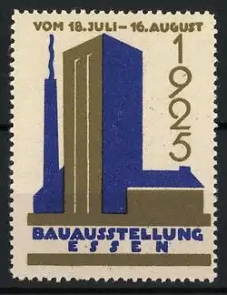 Reklamemarke Essen, Bauausstellung 1925, modernes Gebäude und Schornstein