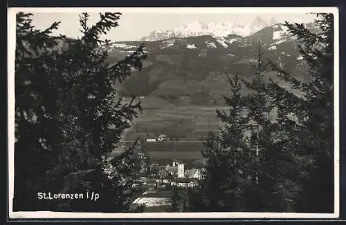 AK St. Lorenzen i. P., Teilansicht mit Bergen