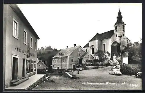 AK St. Lorenzen a. Wechsel, Partie an der Kirche mit Kaufhaus