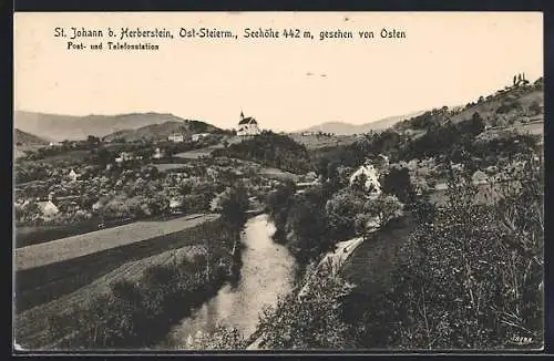 AK St. Johann b. Herberstein, Panorama mit Kirche gesehen von Osten