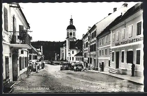 AK Birkfeld /Steiermark, Gasthaus Karl Posch und Kirche