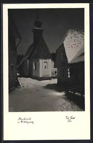 AK St. Wolfgang, Mondnacht im Winter mit Kirche