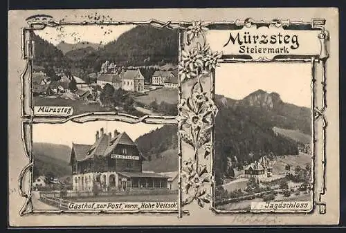 AK Mürzsteg, Jagdschloss, Gasthaus zur Post, Sicht über den Ort