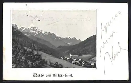 AK Kirchen-Landl, Blick auf den Ort und die Alpen-Landschaft