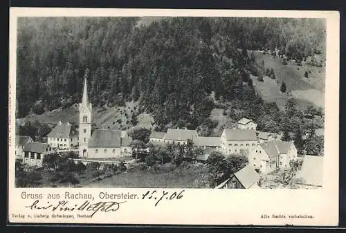 AK Rachau, Teilansicht mit Kirche aus der Vogelschau