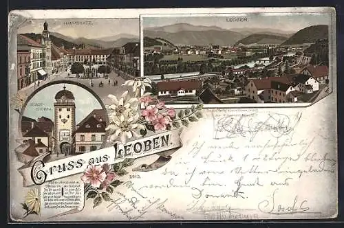 Lithographie Leoben, Hauptplatz, Stadt-Thurm, Panoramaansicht