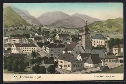 AK St. Lorenzen i. M., Ansicht mit den Bergen