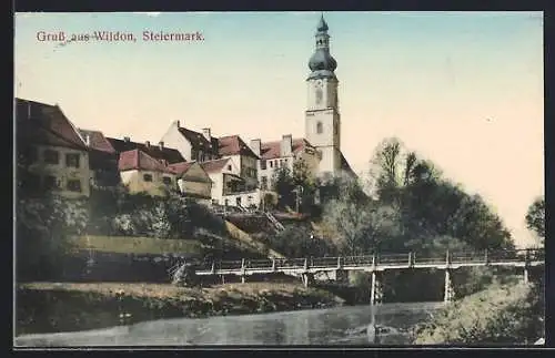 AK Wildon, Blick vom Fluss zur Kirche