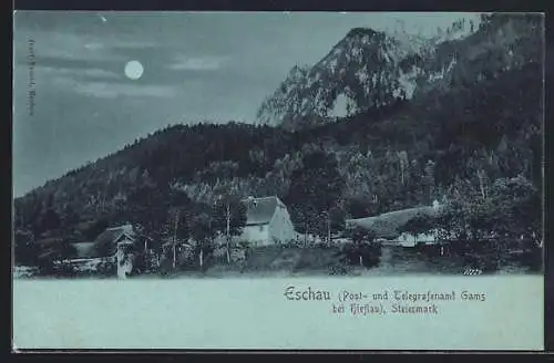 Mondschein-AK Eschau, Ortsansicht mit den Bergen bei Nacht