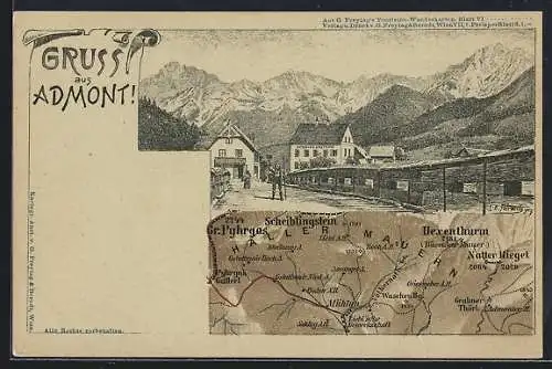 Lithographie Admont, Landkarte der Umgebung und Ansicht mit Schell`s Gasthof