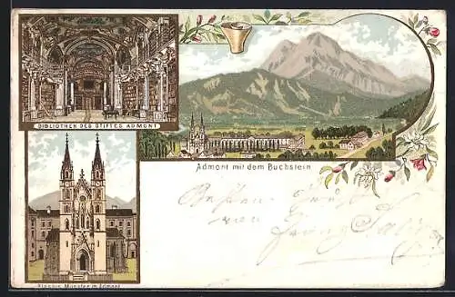 Lithographie Admont, Ansicht mit dem Buchstein, Stiftsbibliothek und Blasius Münster