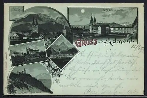 Mondschein-Lithographie Admont, Wallfahrt Frauenberg, Schloss Röthelstein und Schloss Kaiserau