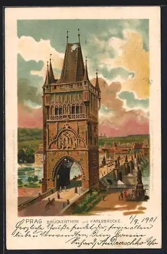 Lithographie Prag, das Brückentor samt Karlsbrücke