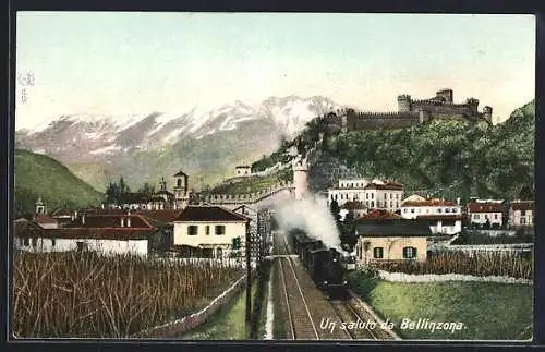 AK Bellinzona, Teilansicht mit Eisenbahnstrecke und Festung