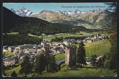 AK Pontresina, Ortsansicht mit Spagnolaturm und Julierkette