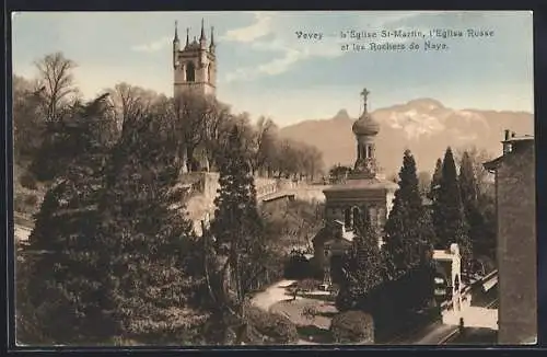 AK Vevey, L`Eglise St. Martin, l`eglise Russe et les Rochers de Naye