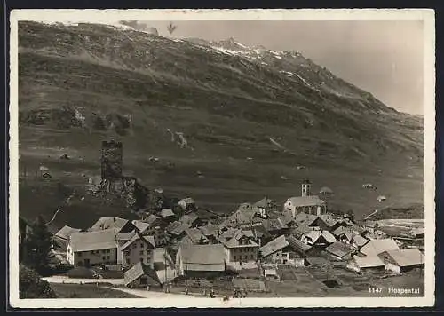 AK Hospental, Ortsansicht mit Hotel Löwen und Burgruine