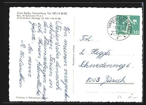 AK Uitikon /Waldegg, Flumserberg, Pension Casa Balda, Bes. W. Schneider-Prahin