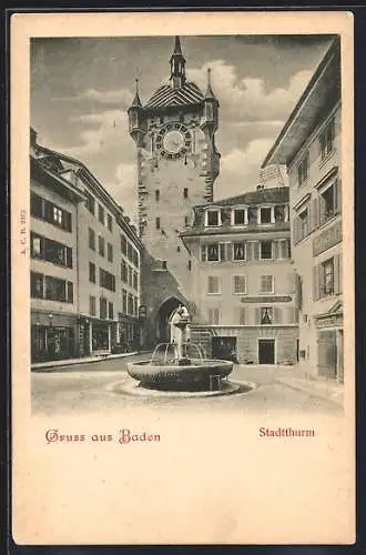 AK Baden, Brunnen vor dem Stadtturm