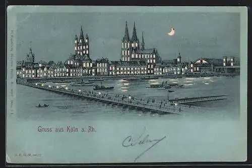 Mondschein-Lithographie Köln a. Rh., Blick über den Rhein zum Kölner Dom, Leuchtende Fenster, Halt gegen das Licht