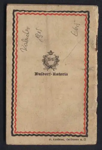 Kalender Waldorf-Astoria Zigaretten 1915, den tapferen Kriegern, ein Eintrage auf der letzen Seite