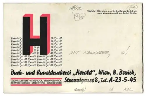 Kalender Wien 1935, Buch- und Kunstdruckerei Herold, Vorderseite Druck nach Aquarelle von Rudolf Pichler