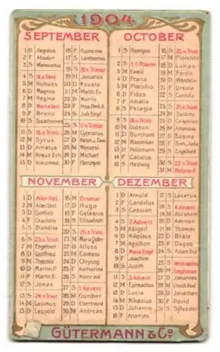 Kalender 1904, Gütermann & Co. Nähseide-Fabriken, Kalnder für die Monate September bis Dezember