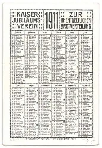 Kalender 1911, Kaiser Jubiläums Verein zur unentgeltlichen Brotverteilung, Bild nach T. Welzl