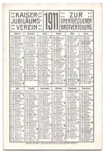 Kalender 1911, Kaiser Jubiläums Verein zur unentgeltlichen Brotverteilung, Bild nach T. Welzl