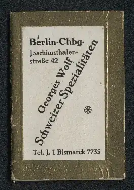 Kalender 1929, Berlin-Charlottenburg, Georgs Wolf Schweizer Speziakitäten